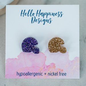Purple and Gold sparkle football helmet stud earrings